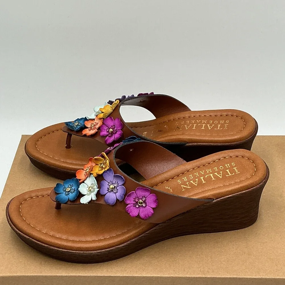 ITALIAN Shoemakers Emina Sandals Women's US 8.5 Brown Floral Slip On Eby4453